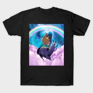 Chicken Riding Llama In Space - Rainbow T-Shirt